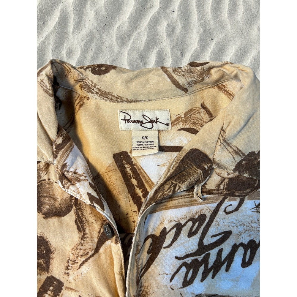 Panama Jack Rum Bottle Print Rayon Hawaiian Shirt Small Sepia Tan‎